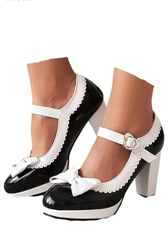 Women's High Chunky Heel Mary Jane Pumps with Bow-Tie & Lace-Trim Retro Bavarian Ankle Strap Court Shoes Supportive Oktoberfest Dirndl Comfort Black