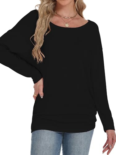 Eniloyal Off Shoulder Oberteil Langarmshirt Damen Fledermaus Oversized Pullover Sexy Basic Schulterfreies Shirts Herbst