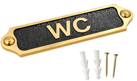 WC Brass with Black Door Sign Plaque | Metal Wall Mounted Washroom Name Plate with Screws | Classic Bathroom & Restroom Signage for Home Office Shop | 22 x 5 cm | WC