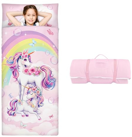 Grande Taille Sac de Couchage pour Enfants avec Oreiller Amovible 170×75cm, Chaud Tapis de Sieste Pliable pour Filles, Couverture de Sieste avec Fermeture Eclair pour Camping Ecole Garderie, Licorne