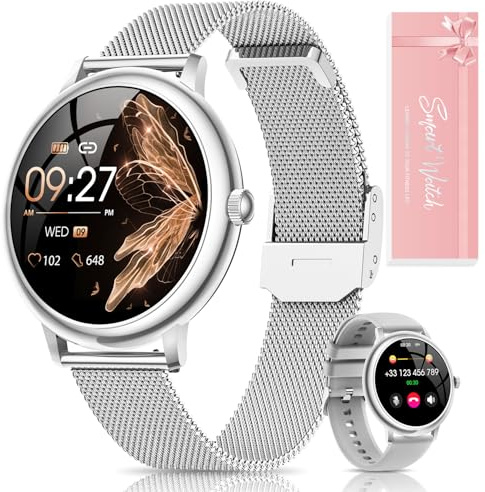 RUXINGX Reloj Inteligente Mujer, Redondo Elegante 1.19 AMOLED Pantalla Táctil, Smartwatch con Llamadas Función Femenina 120+ Deportes Pulsómetro SpO2 Sueño Podómetro Android iOS Regalo Navidad Plata