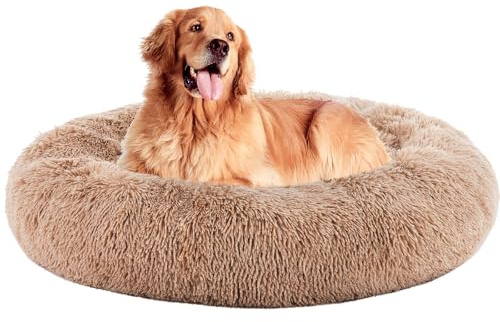 DUMOS 37.4x37.4 Inch Calming Donut Dog Beds for Large Dogs, Machine Washable Cuddler Warming Cozy Fluffy Faux Fur Plush Round Pet Bed, Anti-Slip Bed for Indoor Dogs and Cats, Brown