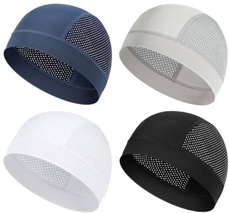 Cmonie 4 Pcs Breathable Mesh Skull Cap,Quick Dry Helmet Liner Breathable Cooling Beanie Running Cycling Hat for Men Women (4Pcs-A-Black&Gray&Navy&White)