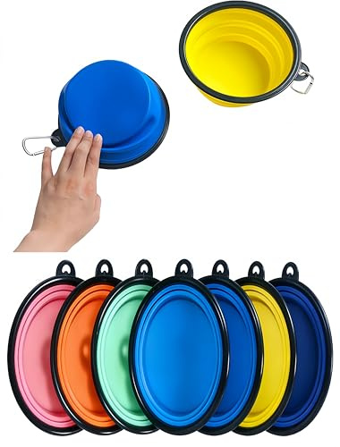 RQzaufania Cuencos plegables para perros con mosquetón, el borde moldeado de una sola pieza evita que se pliegue. 2 paquetes de comida de viaje y cuencos de agua para perros (pequeño, azul oscuro y