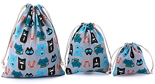 abaria 3 pz Sacchetto Coulisse Cotone, piccolo Organizer Borsa per Giocattoli, Valigia Bambini, Abbigliamento per neonati, gatto blu