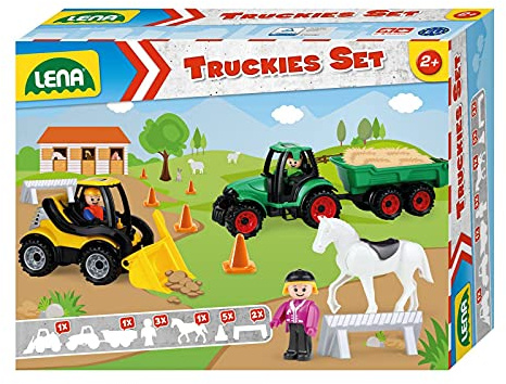 Lena 01632 – Truckies set bondgård 13 delar, innehåll: Traktor med släpvagn ca 36 cm, hjullastare ca. 21 cm, 3 figurer, 1 häst, 2 bakar & 5 pyloner, nyttofordon och figurer för barn från 2 år