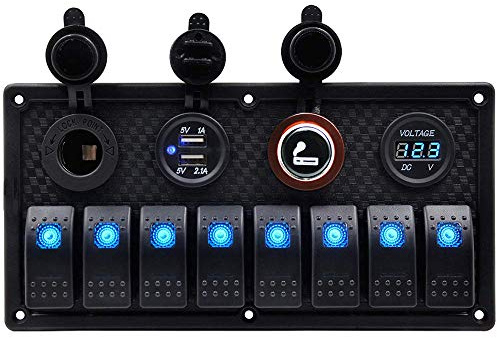 KAOLALI Panel de Interruptores Basculantes Interruptor de Palanca con 3/6/8 Interruptores + Toma de Mechero 12V + Voltimetro + 3,1A Doble Cargador USB para Campera Furgoneta Caravana Barco Coche RV