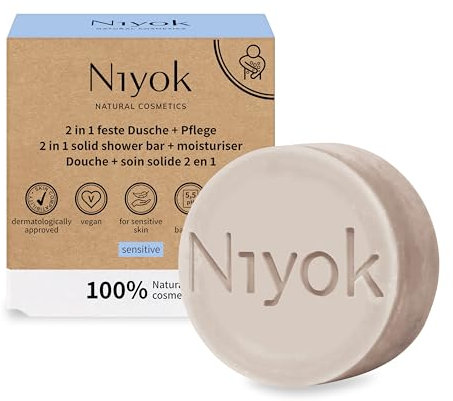 Niyok® 2-in-1 Feste Dusche + Pflege Sensitiv (80g) • Milde Naturkosmetik Duschseife • Festes Duschgel für empfindliche Haut • Vegane Seife für Körper & Hände • Plastikfrei & Vegan