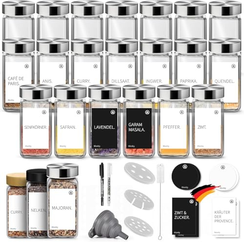Miorkly Botes Especias Cristal Para Cocina, 24PCS*100ml Tarros Especias de Cristal Con Tapa Set, Botes Para Especias Cristal Pequeños Set Incluir Bote Especias y Pegatinas Especias Para Pote de Cocina
