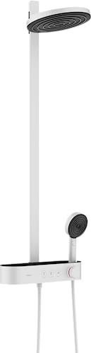 hansgrohe Pulsify S - vattenbesparande Duschsystem (EcoSmart) med termostat, Regndusch (260 mm), Duschset med handdusch (3 stråltyper), duschslang, duschstång och rund huvuddusch, matt vit, 24241700