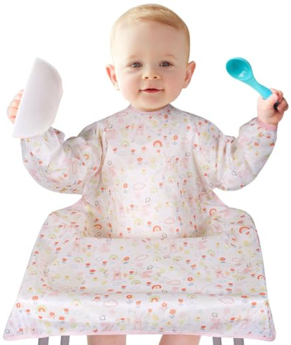 Vicloon Bavaglini Neonato, Bavaglino Svezzamento Seggiolone, Bavaglini Impermeabili Maniche Lunghe Bavaglino Svezzamento Con Maniche, Unisex, per Bambini dai 6 Mesi ai 3 Anni (Coniglio Rosa)