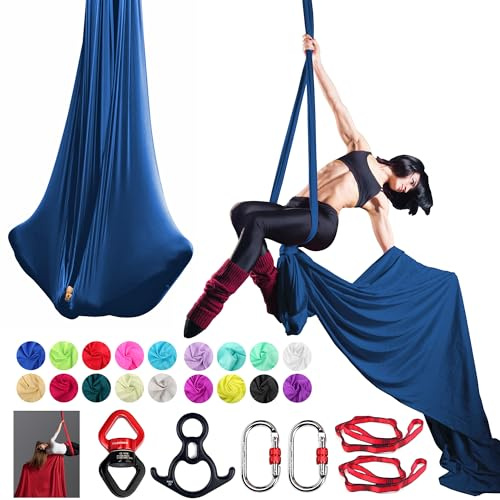 PRIORMAN Aerial Silk Set, Premium 9Yards/8.2m Medium Stretch Fabric Silks, Perfect for AntiGravity Hammock Yoga Training & Dance Circus Performances Includes Hardwares & Daisy Chains(Navy)