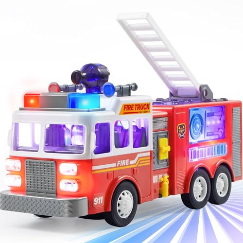JOYIN LED-Feuerwehrauto-Spielzeug für Kleinkinder ab 3 4 5 Jahren– LED-Projektionen und Sirenen, Bump-and-Go-Feuerwehrautos mit Modusschalter und Lautstärkeregler, Feuerwehrauto für Jungen und Mädchen