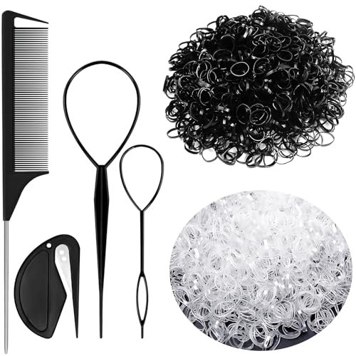 Sularpek Elastique Cheveux, 2000 Pièces Petit Elastique Cheveux, avec 2 Outil Queue de Cheval, Coupe Élastique, Peigne a Queue pour Femmes Filles Tressage Cheveux (Noir, transparent)