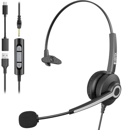 Voistek Auriculares mono USB con micrófono para ordenador portátil, auriculares de una sola oreja con cable con micrófono con cancelación de ruido, auriculares de trabajo para computadora, Mac