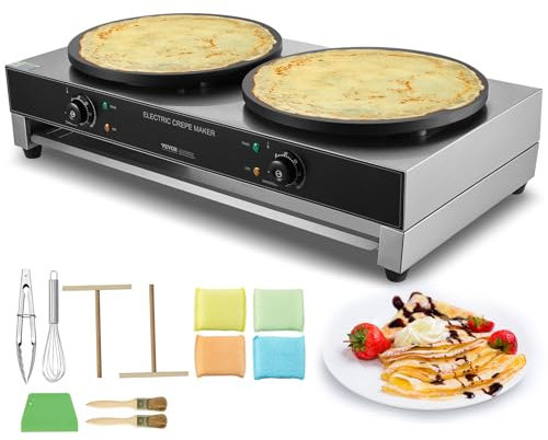 VEVOR elektrischer Crepemaker Crepe-Maschine mit Doppelkopf 6000 W flache Crepe-Grillplatte, Pfannkuchenherd aus Edelstahl, Cerealien-Pfannkuchenherd, Temperaturregelung (kein Stecker)