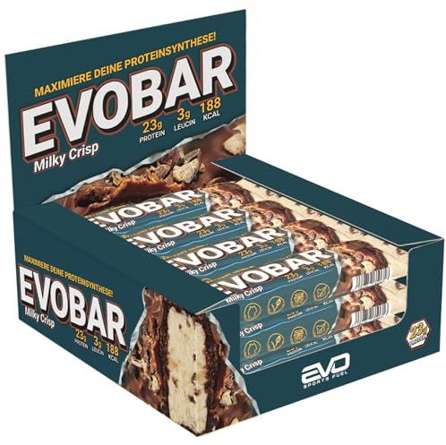 EVO SPORTS FUEL EVOBAR Milky Crisp Protein Riegel | 12 x 60g | ZERO palmöl Eiweißriegel mit 23g protein pro Bar | geprüfte Qualität | Made in Germany (1er Pack)