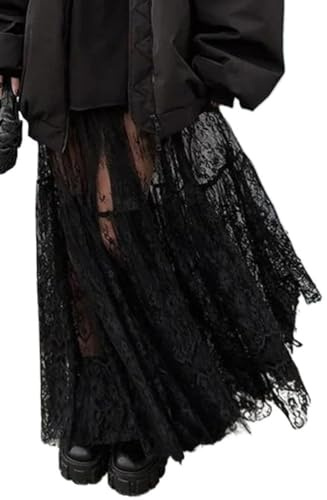 ORANDESIGNE Gonne Lunga in Pizzo da Donna Midi Gonne a Vita Alta Trasparente a Balze Ruota con Orlo Increspato Gonne Lunghe Fluide in Pizzo Gonna con Spacco Vedere Attraverso A Nero XS
