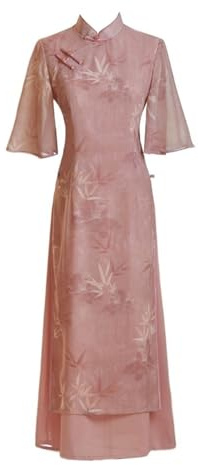 SXTYYH Vietnamese Traditional Ao Dai for Women Pink Summer Chinese Style Slim Qipao Hanfu Dress Fashion Print Cheongsam Dress(XXXL)
