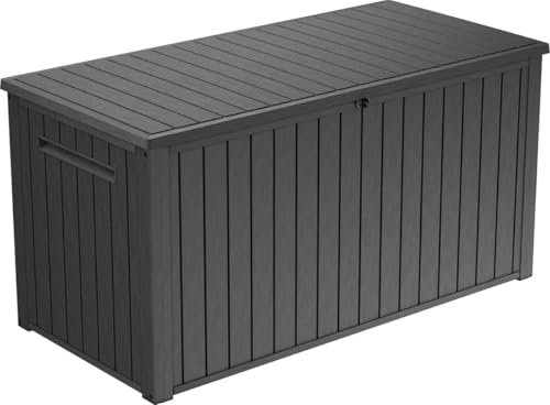 Keter Southwood Gartenbox 643L – Wetterfeste Auflagenbox mit Gasdruckfeder, abschließbar, Kunststoff in Holzoptik, grau, 146x74x70 cm
