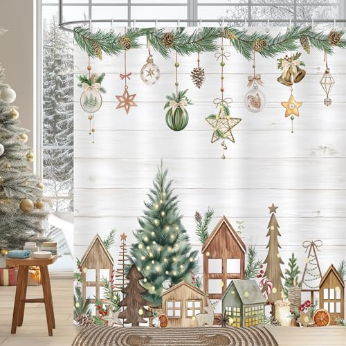 Bonhause Cortina de Ducha Árbol de Navidad Pino de Invierno Rustico Cortina de Baño de Poliéster Impermeable Antimoho Lavable Cortina Ducha 180 x 180 cm con 12 Ganchos