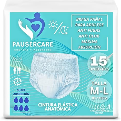 PAUSERCARE Braga Pañal Ropa Interior-Adulto Unisex |Super Absorbentes Para Incontinencia Severa | Hombres & Mujeres | 15 Unidades Desechables | Máxima Protección Discreta | Día y Noche TALLA M-L