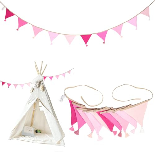 LUBOXIN Guirlande de Fanions pour Chambre d'enfant, 2,6 mètres Guirlande en Tissu Coton Bannière de Triangulaire pour Fille Chambres d'enfants, Chambres de bébé, fêtes d'anniversaire - Rose