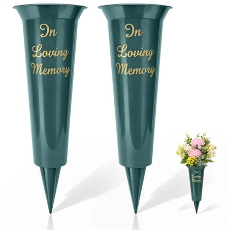 Daisy Dreams Set of 2 In loving Memory Green Spiked Memorial Grave Flower Vases-Strong Grave Flower Pots, Plastic Spike Grave Ornament for your loved ones (1, ILM Green)