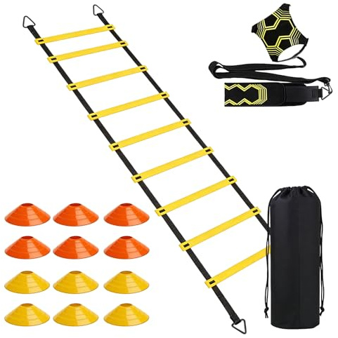 PORFOYO Accesorios de entrenamiento de fútbol, juego de entrenamiento de fútbol, entrenador de fútbol y cuerda de saltar, escalera de coordinación de 6 m con 12 conos, obstáculos extraíbles, regalos