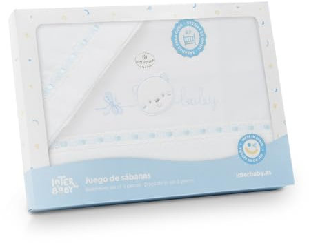 mibebestore Sabanas 100% Algodón MINICUNA 50X80 Bajera, encimera y Funda Almohada Primavera, Verano - Color Blanco/Azul