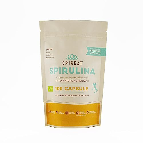 Capsule di Spirulina Pura - Italiana e Biologica - 100 capsule per confezione - 0,5 g per capsula - rilascio immediato, senza sapore, ricca di vitamine, proteine e sali minerali