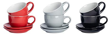 Argon Tableware 12 Piece Coloured Cappuccino Cup & Saucer Set - Modern Stoneware Tea & Coffee Cups - 250ml - Lancashire