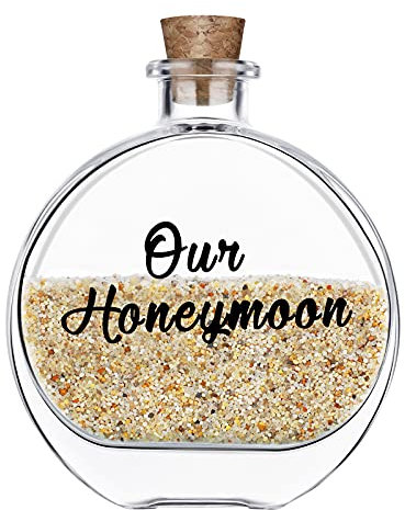 Barattolo di Ricordo per Luna di Miele, Bottiglia di Sabbia Rotonda, Decorazione con Our Honeymoon, Bottiglie di Vetro Trasparente con Tappo di Sughero per Sposi Matrimonio Viaggio Souvenir