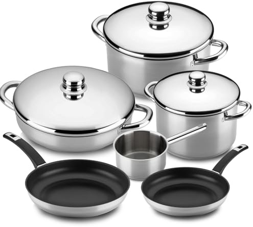 MAGEFESA FAMILY 9-Piece Stainless Steel Cookware Set – Includes Stockpot, Stewpot, Saucepan, Sauté, and Skillets – Induction Compatible, Dishwasher Safe