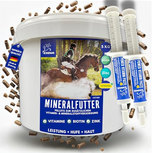 Mangime minerale + pasta vitaminica, vitamine e minerali per cavalli per pelo e pelle con biotina selenio zinco vitamine B manganese magnesio vitamina A B12 C D E complesso pellet minerali 2x30ml 5kg