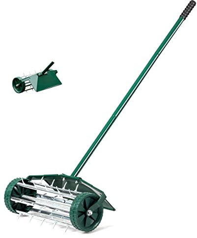FANTASK Rolling Lawn Aerator, 18 Rotary Push Tine Spike Soil Lawn Aerator Gardening Tool with 3-Piece Long Steel Handle for Garden Yard, Grass Aerator with Fender