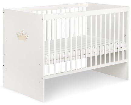 KMbaby TANY-KOR Lit bébé 120 x 60 cm avec matelas blanc avec couronne naturelle Lit bébé à barreaux avec sommier à lattes 3 niveaux réglables en hauteur – Pin laqué