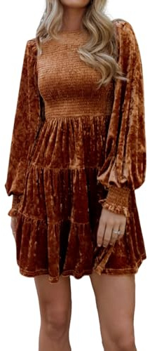 R.Vivimos Women's Fall Winter Crushed Velvet Dress Long Sleeve Crew Neck Elastic Smocked A-Line Tiered Ruffle Mini Dress (Small, Brown)