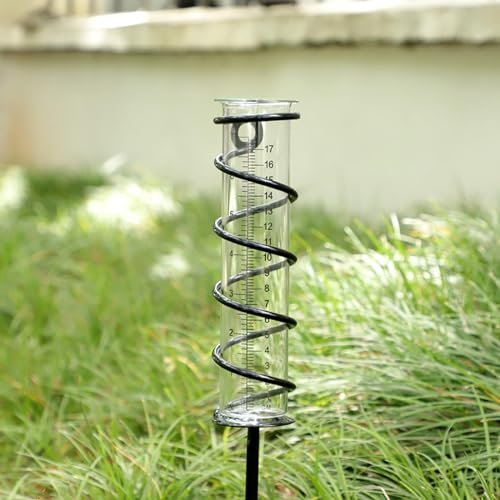 HOMURY 17cm Outdoor Regenmesser, Glas Niederschlagsmengenmesser mit Metallpflock & Erdspieß, Niederschlagsmesser für Garten Rasen Terrasse Landschaft Hinterhof