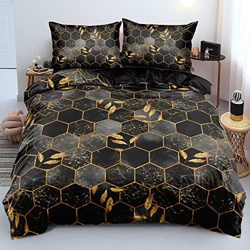 Housse de Couette 240 x 260 à Carreaux Noire Gris Doré Adulte 2 Personnes Parure de lit Microfibre Ensemble Literie 240 260 Modern Linge de Lit avec Fermeture éclair et 2x 65x65cm Taies d'oreiller