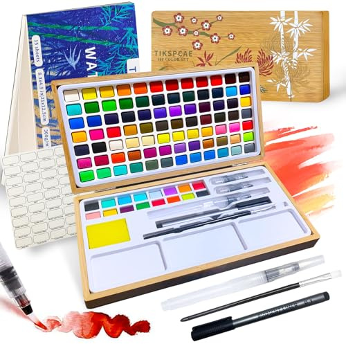 TIKSPCAE Juego de pintura de acuarela, 100 colores en caja de bambú natural, kit de acuarelas portátil con papeles y bolígrafos de pincel, ideal para niños, adultos, principiantes y profesionales