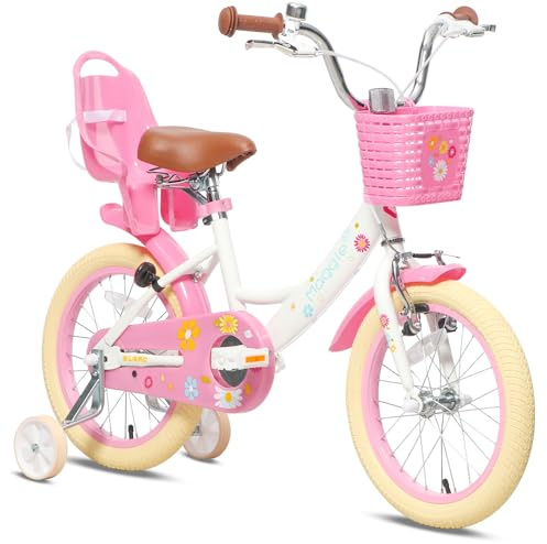 Glerc Maggie 16 Inch Kids Bike for 4 5 6 7 Years Old Little Girls Toddler Bicycles with ith Doll-Seat & Basket & Stabilisers for Gift, White