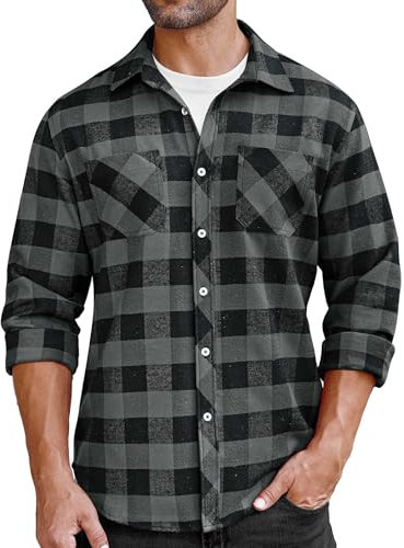 COOFANDY Hemd Herren Flanellhemd Langarm Freizeithemden Karierte Baumwollhemd Männer Karohemd Regular Fit Holzfällerhemd mit Ttaschen Schwarz & Grau M
