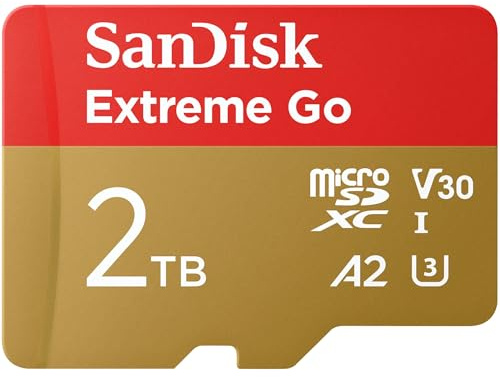 SanDisk 2TB Extreme Go micro SDXC kort + SD adapter (För Android-enheter, bärbara datorer och handhållna spelkonsoler UHS-I, upp till 250 MB/s, V30, 5K, 4K, UHD, Rescue PRO, C10, U3) För Amazon