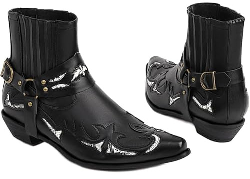 OPPOQ Bottines Western pour Hommes Boucle Sangle Bottes Rétro Cuir Bout Carré Cowboy Bottes Courtes Cowboy Moto Bottes,Noir,42