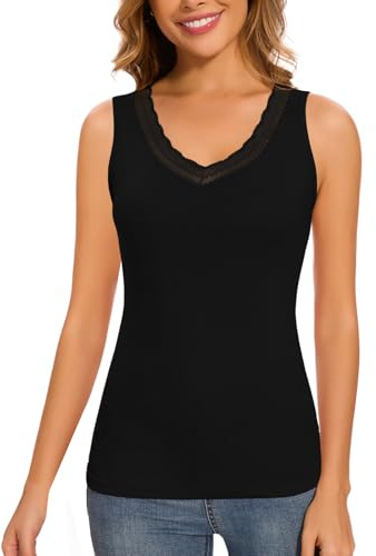 LEYSHE sous Vetement Thermique sans Manches en Polaire pour Femmes DéBardeur Thermique en Dentelle à Col en V Haut Thermique Femme éLéGant,Noir,L