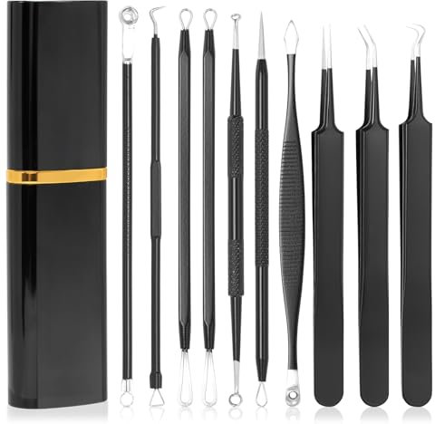 Pickel Ausdrücken Werkzeug Set, 10 Stücke Mitesserentferner, Komedonenquetscher, Milien Entferner Mit Aufbewahrungsbox Mitesser Entferner für Nasen, Gesichtspflege (Schwarz)