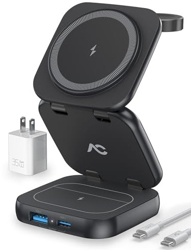 AC Island 2025 Stazione di ricarica 5 in 1 per Apple Watch e iPhone, Caricatore Wireless Mag-safe, Pieghevole Supporto di Ricarica Magnetica per iPhone 17/16/15/14, Apple Watch 11/Ultra, per AirPods