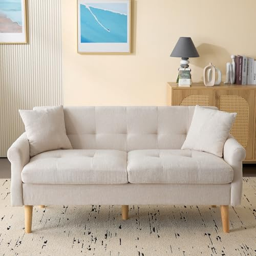 Sofá de 2 Plazas Tapizado en Tela de Chenilla - Mueble Doble Con Cojines Gruesos Para Salón o Dormitorio (Beige)