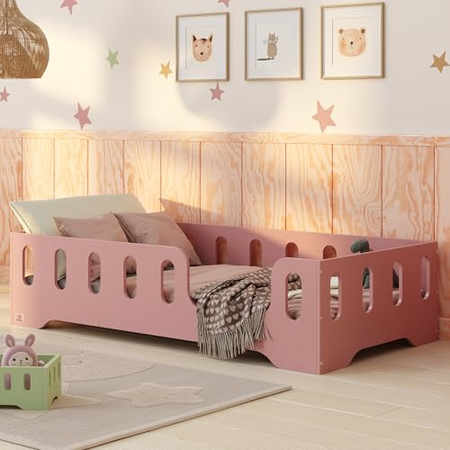 smartwood Golvsäng 80x180 Rosa - Montessori Barnsäng i trä med FSC-certifikat - TILA 2P med fallskydd och ribbotten, belastningsbar upp till 230 kg - Enkel montering